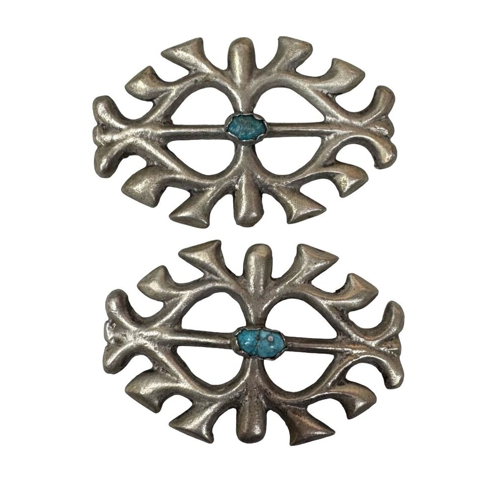 Vtg Pair Navajo Sandcast Sterling Silver Unfinished Belt Buckle Brooch Turquoise